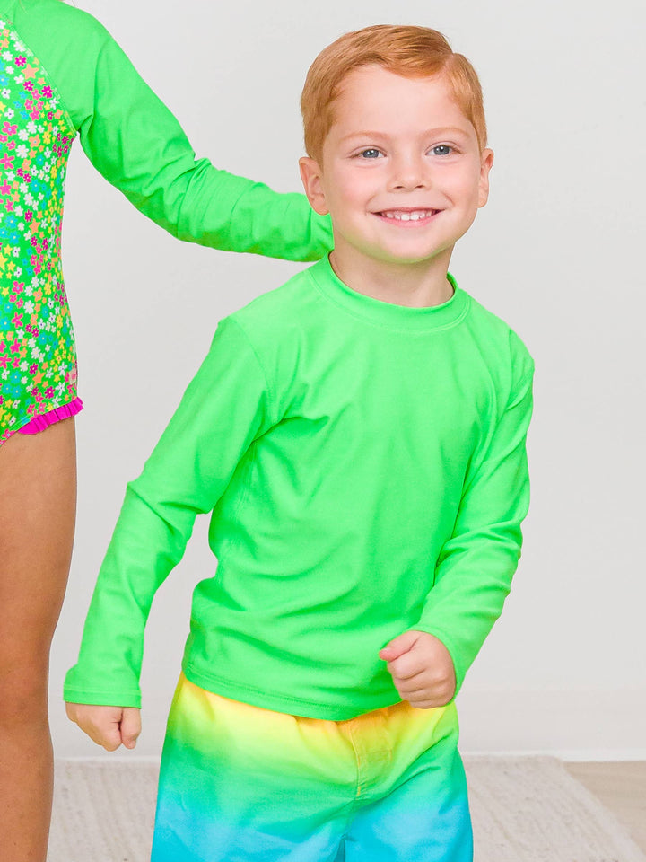 RuffleButts + RuggedButts - Boys Neon Lime Long Sleeve Rash Guard