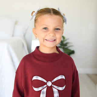 Gigi and Max - Maroon MOCKNECK FLARE SWEATSUIT Gingham Bow Kids Set