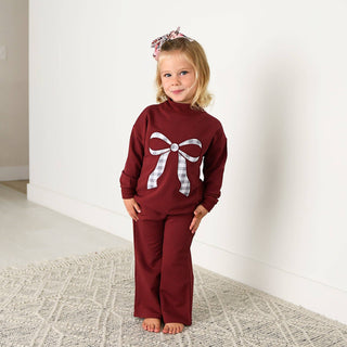 Gigi and Max - Maroon MOCKNECK FLARE SWEATSUIT Gingham Bow Kids Set
