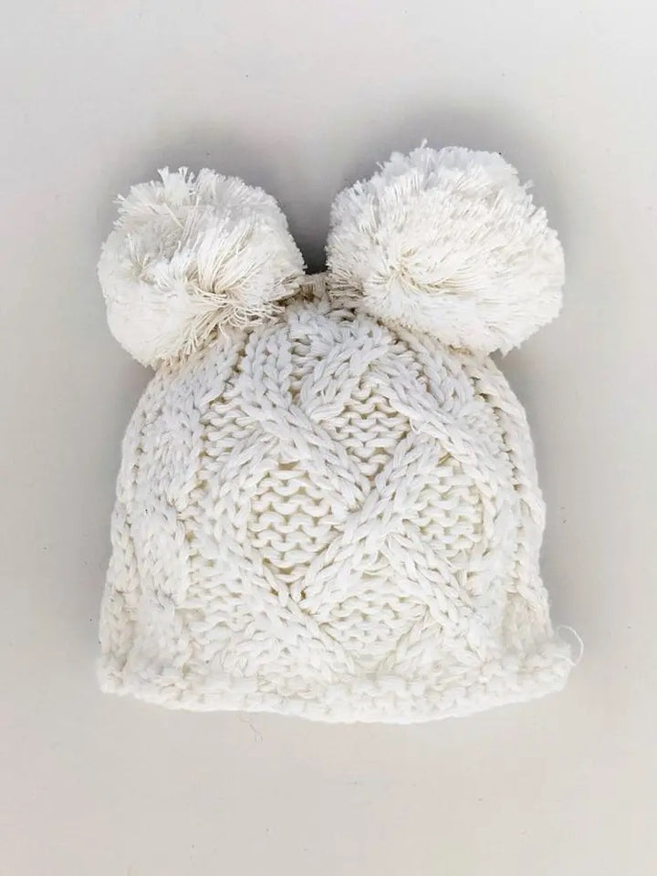 Huggalugs Newborn Aran White Double Pom Pom Beanie Hat