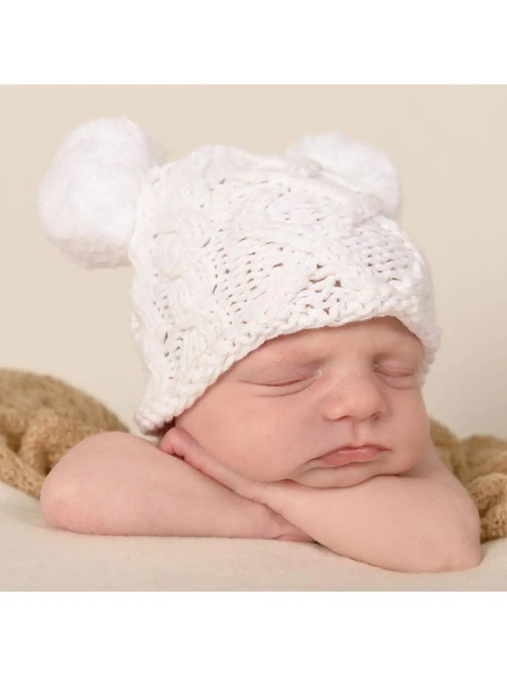 Huggalugs Newborn Aran White Double Pom Pom Beanie Hat