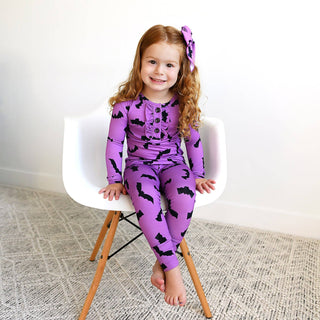 Gigi and Max - Echo Purple Bat RUFFLE TWO PIECE Bamboo Kids Halloween Lounge Set