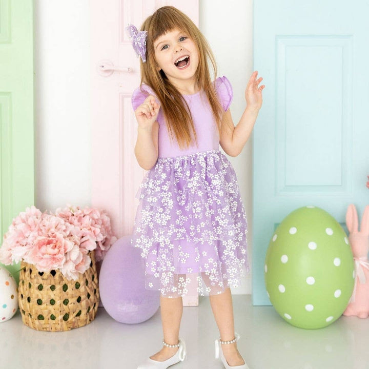 Sweet Wink - Lavender Ditsy Daisy Easter Tiered Short Sleeve Tutu Dress