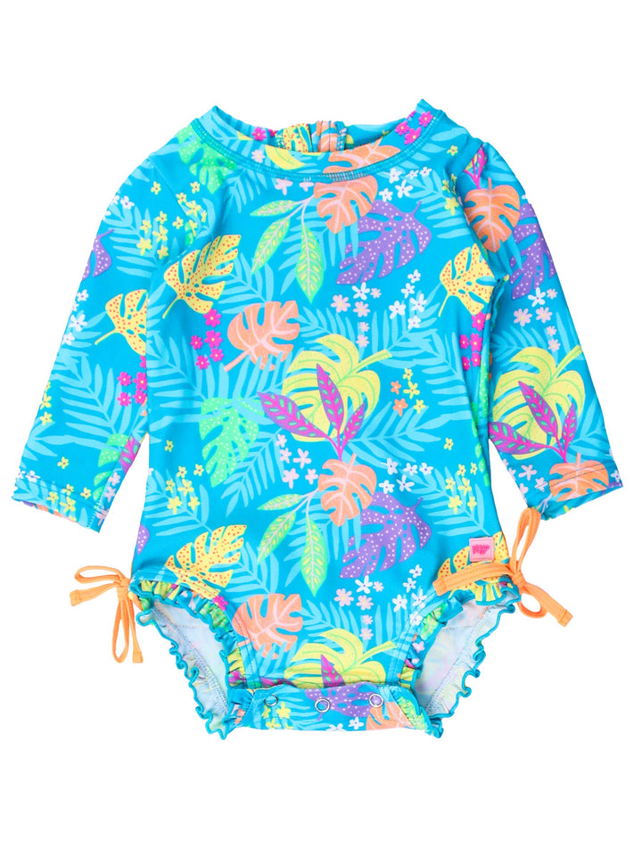 RuffleButts + RuggedButts - Baby Girls Neon Tiki Vibes Long Sleeve One Piece Rash Guard