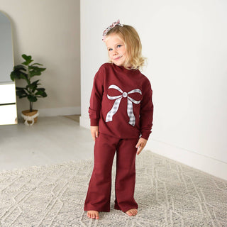 Gigi and Max - Maroon MOCKNECK FLARE SWEATSUIT Gingham Bow Kids Set