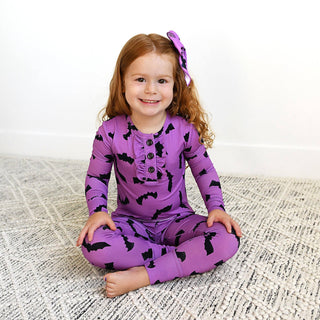 Gigi and Max - Echo Purple Bat RUFFLE TWO PIECE Bamboo Kids Halloween Lounge Set