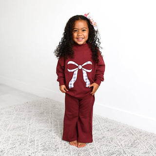 Gigi and Max - Maroon MOCKNECK FLARE SWEATSUIT Gingham Bow Kids Set