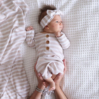 Caden Lane - Latte Stripes Bamboo Waffle Newborn Baby Knot Gown & Hat Set