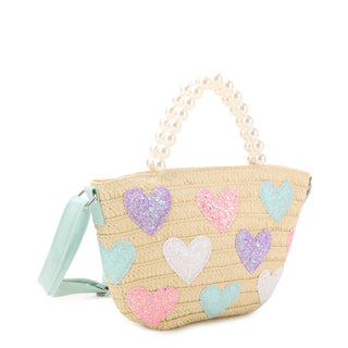 OMG Accessories - Glitter Hearts Straw Pearl Handle Tote Bag