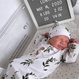 Caden Lane - Olive Leaf Newborn Baby Knot Gown & Hat Set