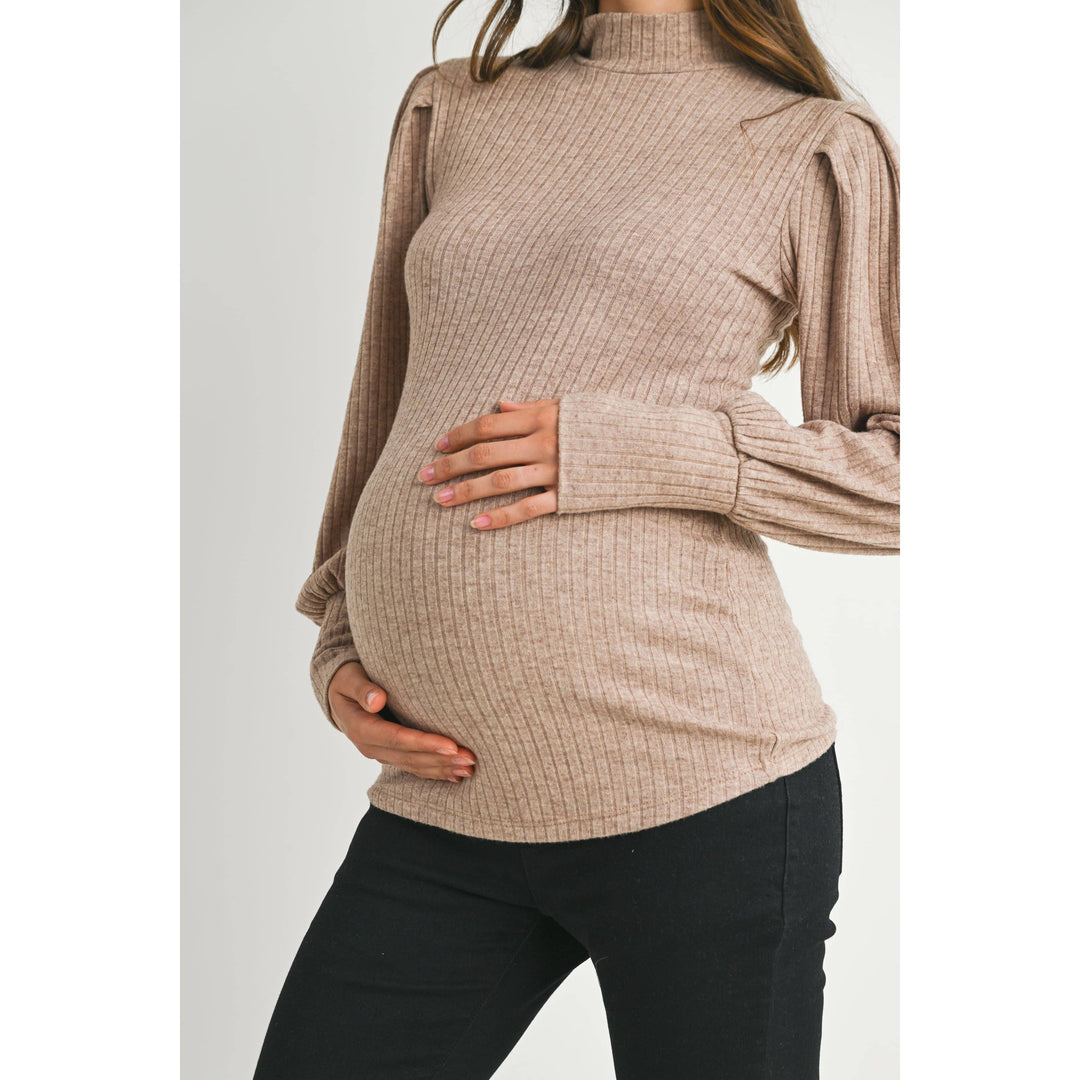 Hello Miz - Ribbed Mock Neck Puff Sleeve Maternity Top