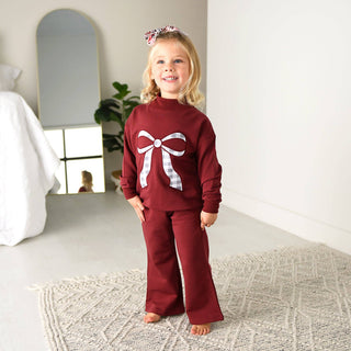 Gigi and Max - Maroon MOCKNECK FLARE SWEATSUIT Gingham Bow Kids Set