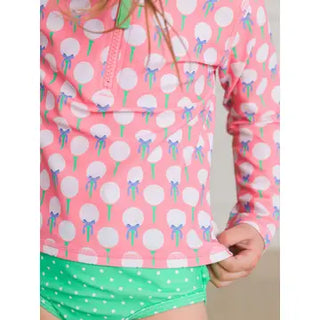 RuffleButts + RuggedButts - Girls Pink Tee Time Long Sleeve Zipper Rash Guard 2 Piece