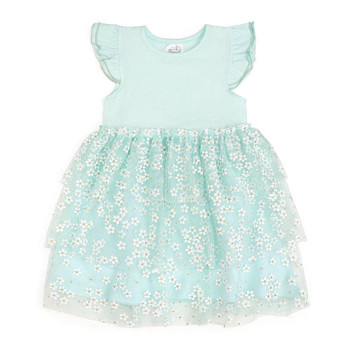 Sweet Wink - Aqua Ditsy Daisy Easter Tiered Short Sleeve Tutu Dress -Kids