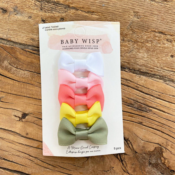 Baby Wisp - 5 Charlotte Bows Tux Style on Snap Clips- Yellow Crimson