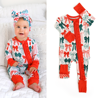 Gigi and Max - Belle Bows RUFFLE ZIP Christmas Bamboo Baby One Piece Outfit