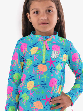 RuffleButts + RuggedButts - Girls Neon Jelly Time Long Sleeve Zipper Rash Guard 2-Piece Swimsuit with Signature Rear Ruffles