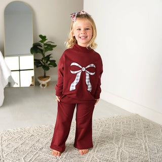 Gigi and Max - Maroon MOCKNECK FLARE SWEATSUIT Gingham Bow Kids Set