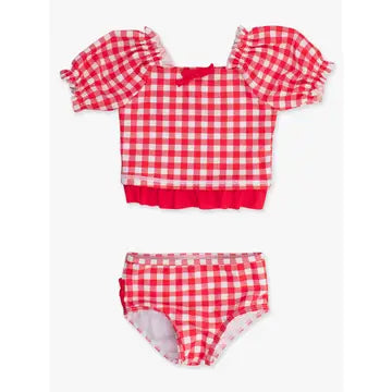 RuffleButts + RuggedButts - Girls Vintage Red Gingham Puff Sleeve Ruffle Tankini 2-Piece