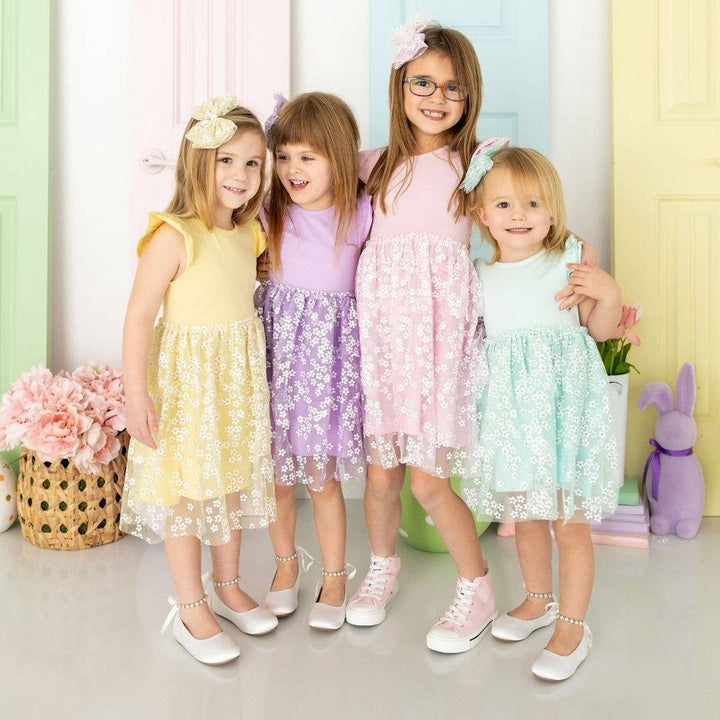 Sweet Wink - Lavender Ditsy Daisy Easter Tiered Short Sleeve Tutu Dress