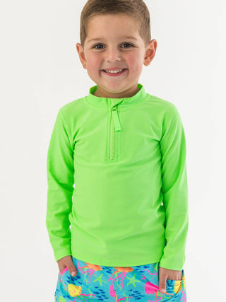 RuffleButts + RuggedButts - Boys Neon Honeydew Long Sleeve Zipper Rash Guard