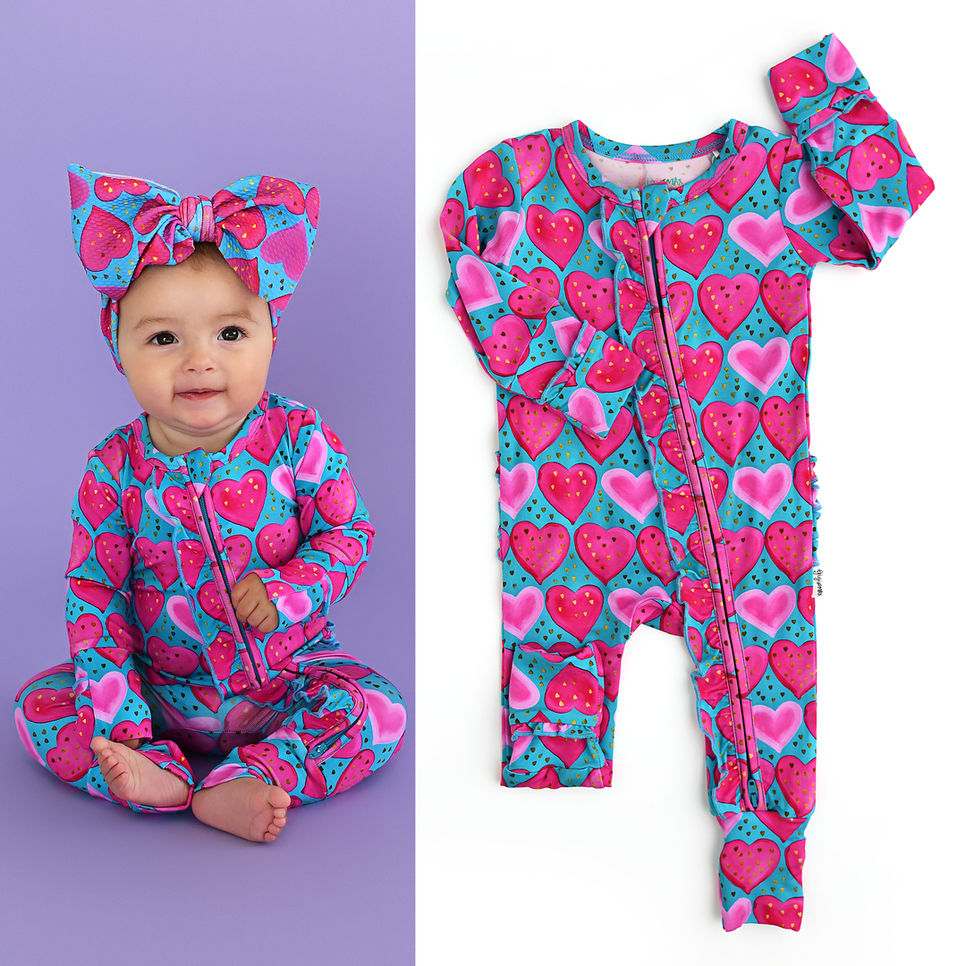 Gigi and Max - Alaina Heart Ruffle Zip Heart Bamboo Baby Outfit Valentine's