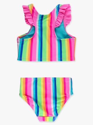 RuffleButts + RuggedButts - Girls Neon Rainbow Stripe Racerback Flutter Tankini 2-Piece Swimsuit