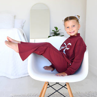Gigi and Max - Maroon MOCKNECK FLARE SWEATSUIT Gingham Bow Kids Set
