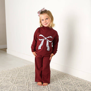 Gigi and Max - Maroon MOCKNECK FLARE SWEATSUIT Gingham Bow Kids Set
