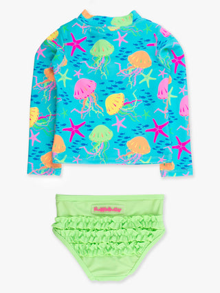 RuffleButts + RuggedButts - Girls Neon Jelly Time Long Sleeve Zipper Rash Guard 2-Piece Swimsuit with Signature Rear Ruffles