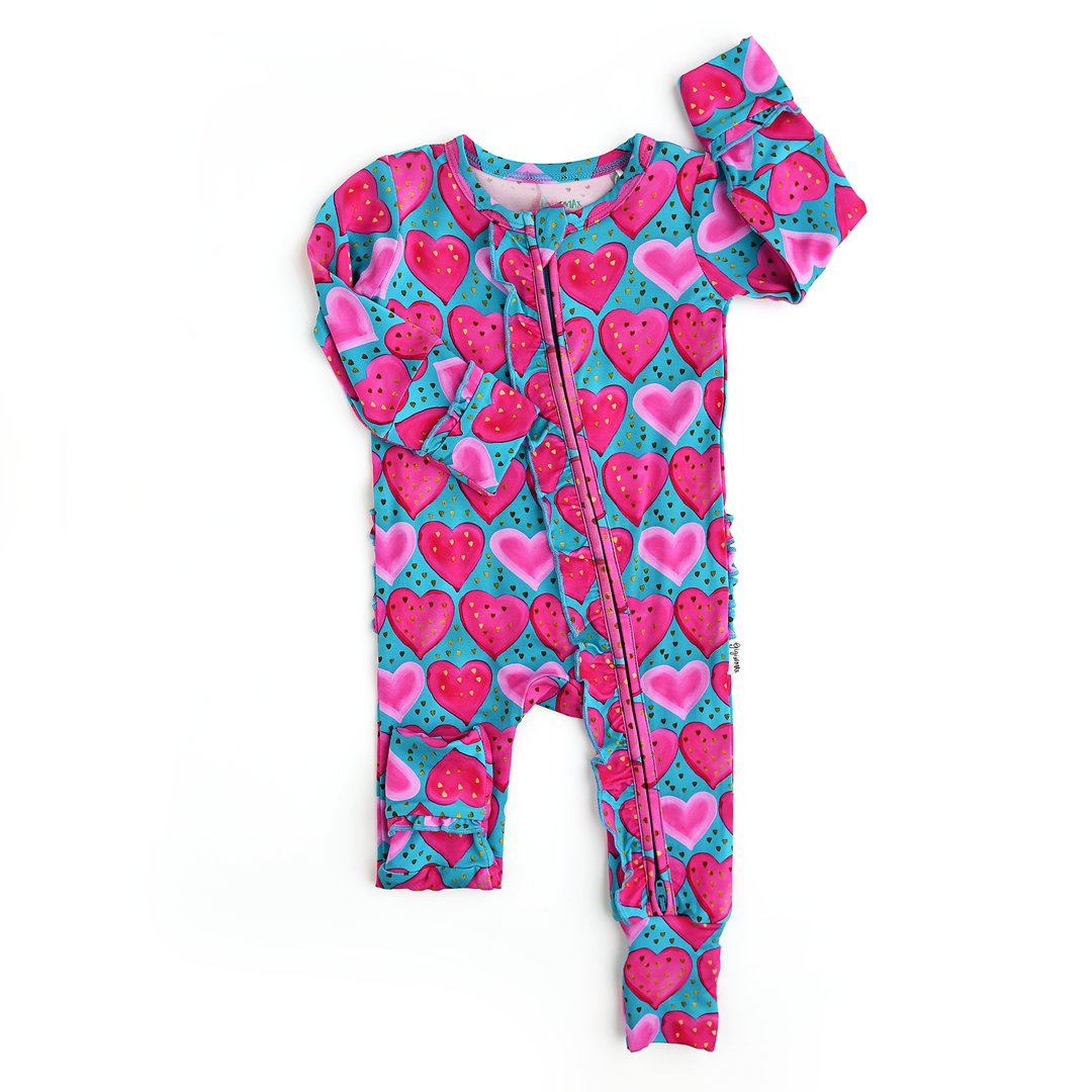 Gigi and Max - Alaina Heart Ruffle Zip Heart Bamboo Baby Outfit Valentine's