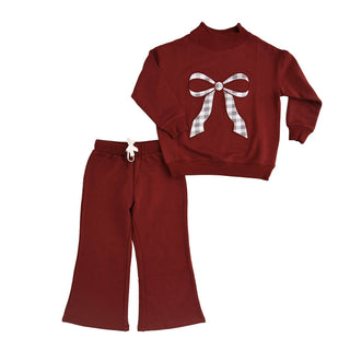 Gigi and Max - Maroon MOCKNECK FLARE SWEATSUIT Gingham Bow Kids Set