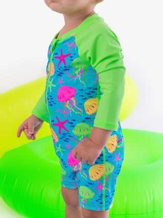 RuffleButts + RuggedButts - Baby Boys Neon Jelly Time Long Sleeve One Piece Rash Guard Swimsuit