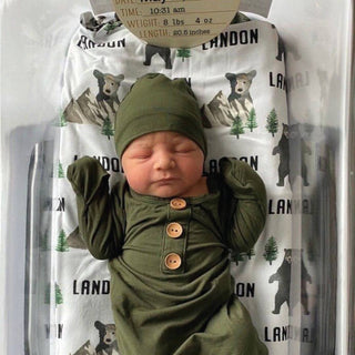 Caden Lane - Solid Olive Bamboo Baby Knot Gown & Hat
