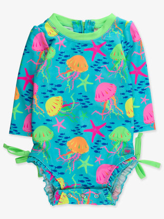 RuffleButts + RuggedButts - Baby Girls Neon Jelly Time Long Sleeve One Piece Rash Guard Swimsuit with Signature Rear Ruffles