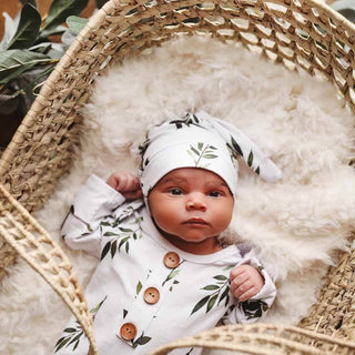 Caden Lane - Olive Leaf Newborn Baby Knot Gown & Hat Set
