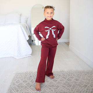 Gigi and Max - Maroon MOCKNECK FLARE SWEATSUIT Gingham Bow Kids Set