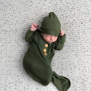 Caden Lane - Solid Olive Bamboo Baby Knot Gown & Hat