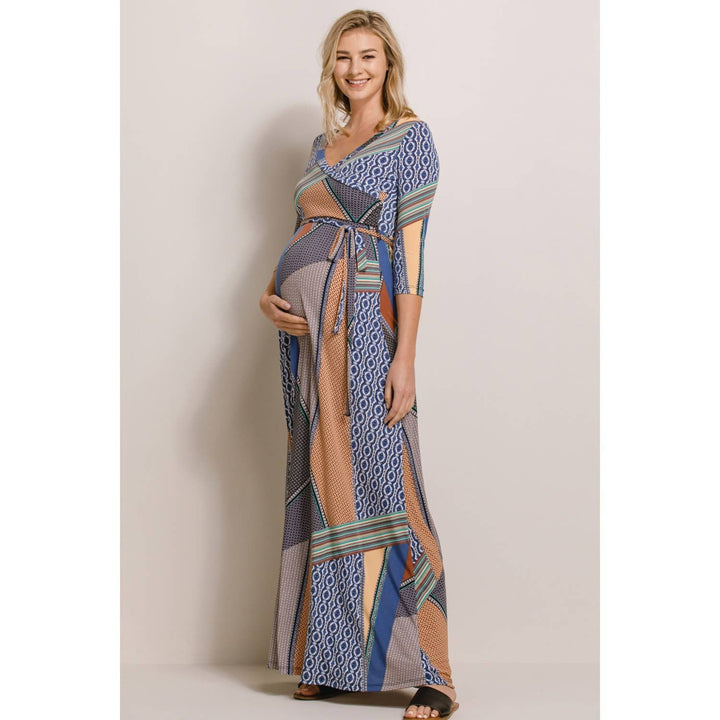 Hello Miz - Surplice Geo Print Nursing Faux Wrap Maxi Dress