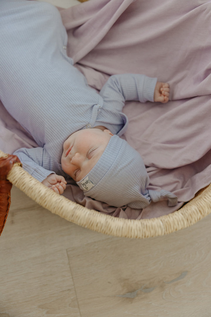 Copper Pearl Top Knot Hat Periwinkle Rib Knit