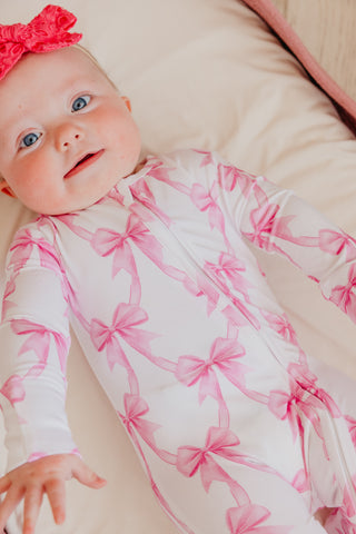 Copper Pearl Bamboo Convertible Zip-Up Footie Bow My Gosh