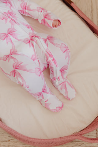 Copper Pearl Bamboo Convertible Zip-Up Footie Bow My Gosh