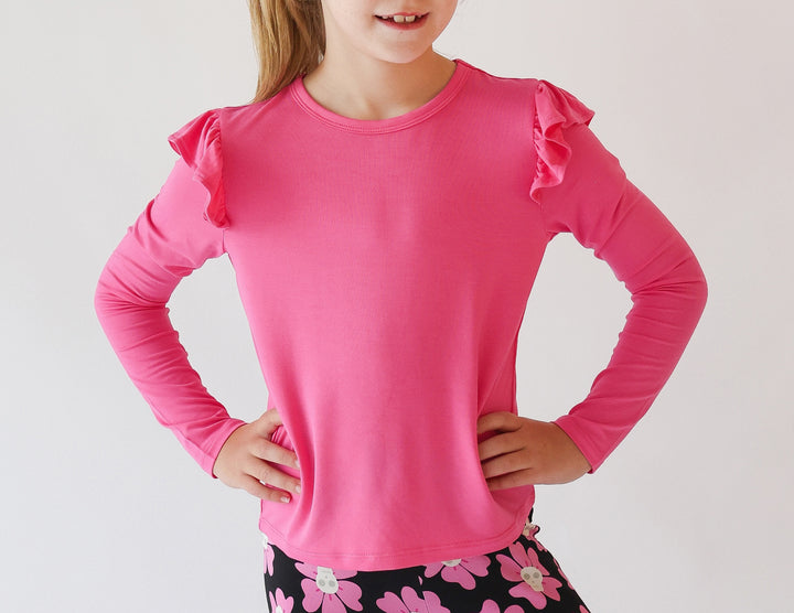 Posh Peanut Hot Pink Long Sleeve Ruffle Shoulder Top