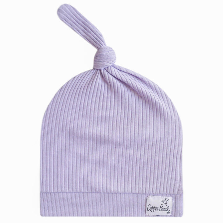 Copper Pearl Top Knot Hat Periwinkle Rib Knit