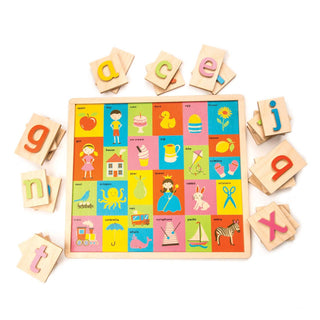 Wooden Alphabet Puzzle showing photos underneath the letter