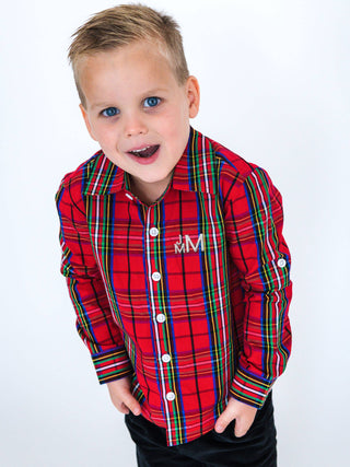 RuffleButts + RuggedButts - Boys Red Nicholas Plaid Long Sleeve Button Down Shirt