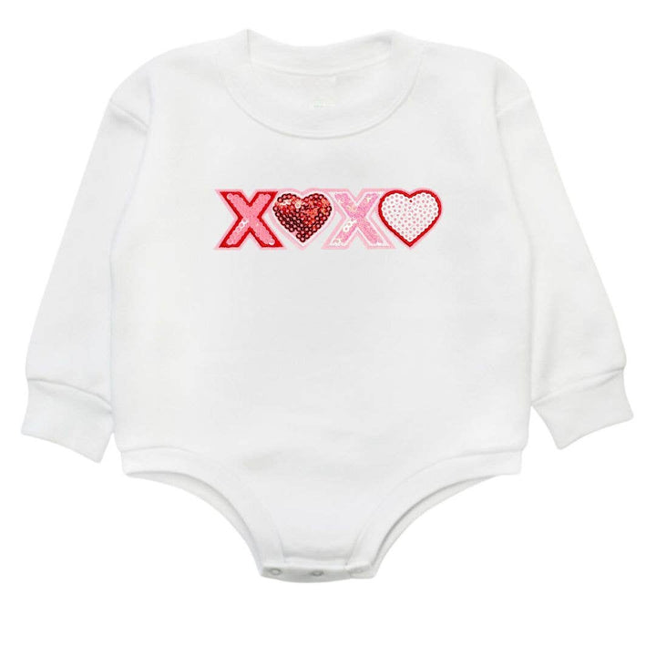 Sweet Wink - XOXO Sequin Patch Valentine's Day Long Sleeve Romper - White