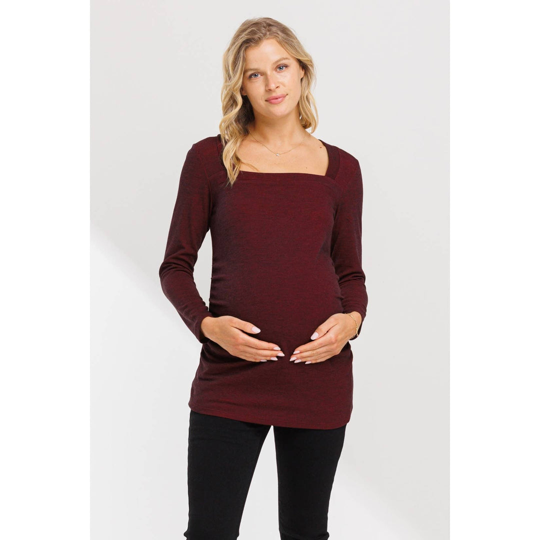 Hello Miz - Square Neck Long Sleeve Ruched Maternity Top