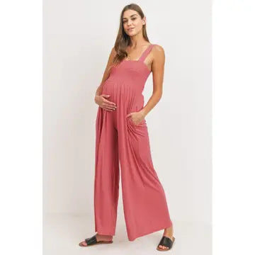 Hello Miz - Sleeveless Smocked Maternity Wideleg Jumpsuit