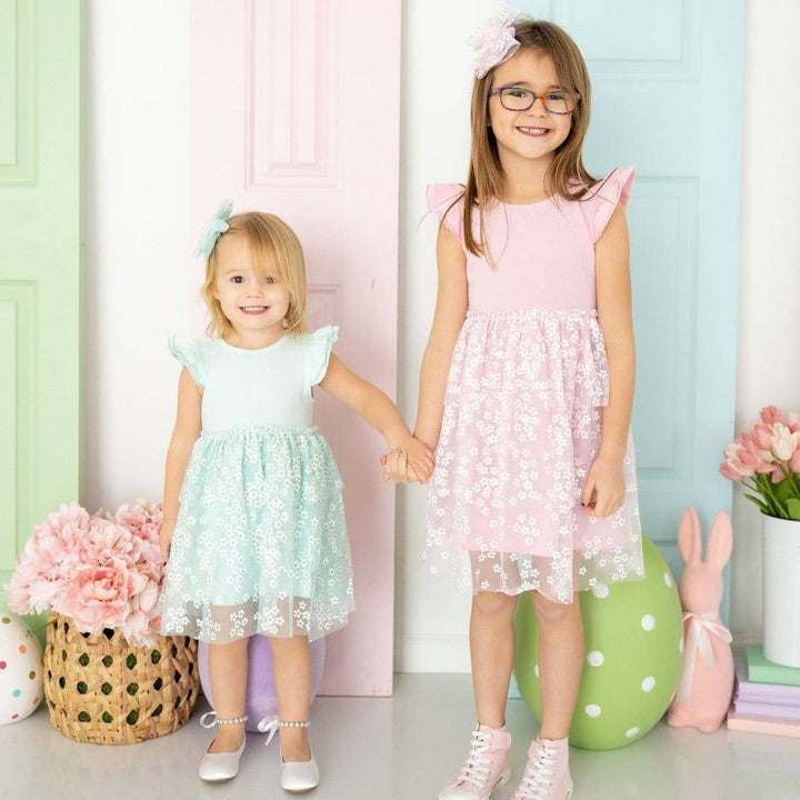 Sweet Wink - Aqua Ditsy Daisy Easter Tiered Short Sleeve Tutu Dress -Kids